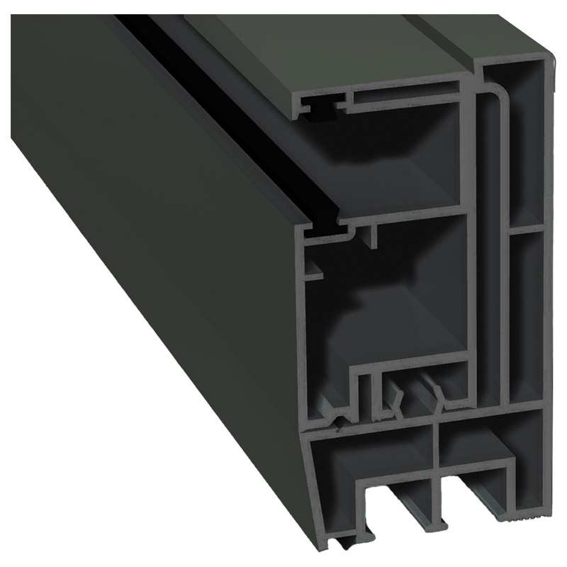 Adapterprofil 80x43mm Lg. 6,00m foliert, Revision außen <(>&<)> Rollladenführung 57x30mm Lg. 6,00m GK Grau, mit zwei schwarzen Bürsten 436 7048 Basalt Produktbild BIGPIC L