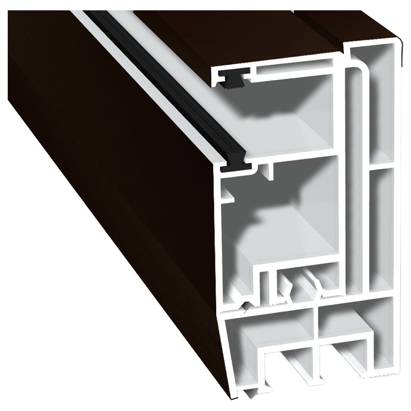 Adapterprofil 80x43mm Lg. 6,00m foliert, Revision außen <(>&<)> Rollladenführung 57x30mm Lg. 6,00m GK Braun, mit zwei schwarzen Bürsten 88 7505-167 Sc Produktbild BIGPIC L