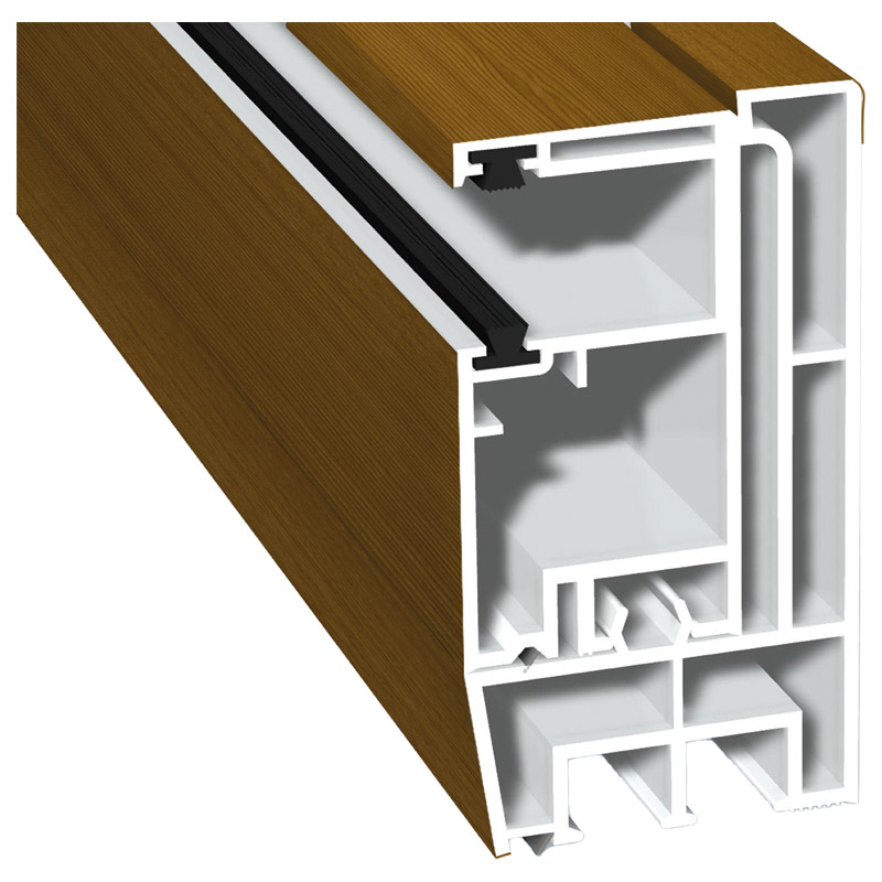Adapterprofil 80x43mm Lg. 6,00m foliert, Revision außen <(>&<)> Rollladenführung 57x30mm Lg. 6,00m GK Braun, mit zwei schwarzen Bürsten 306 9037-167 W Produktbild BIGPIC L