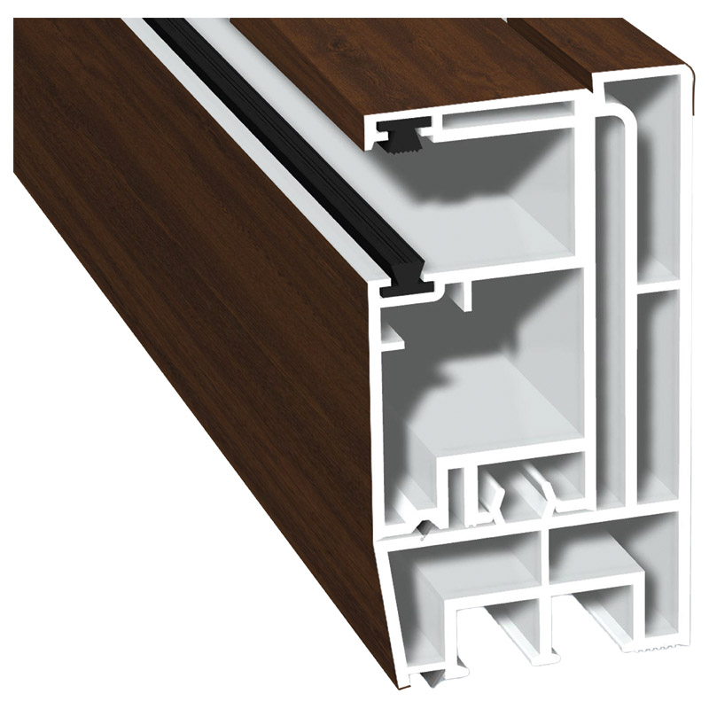 Adapterprofil 80x43mm Lg. 6,00m foliert, Revision außen <(>&<)> Rollladenführung 57x30mm Lg. 6,00m GK Braun, mit zwei schwarzen Bürsten 436 2035 Nussb Produktbild BIGPIC L