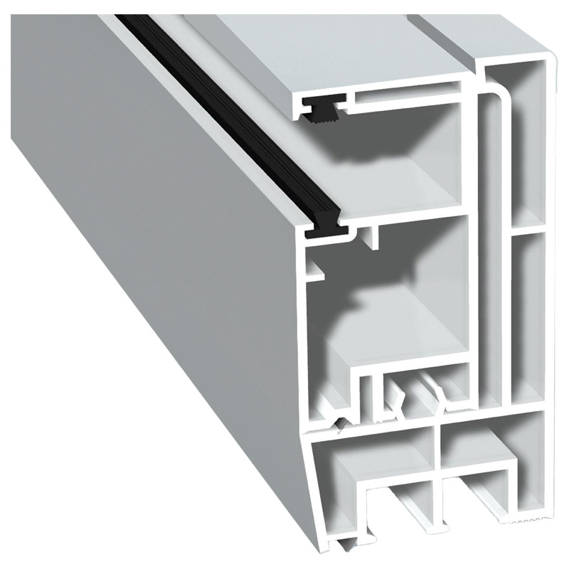 Adapterprofil 80x43mm Lg. 6,00m foliert, Revision außen <(>&<)> Rollladenführung 57x30mm Lg. 6,00m GK Weiß, mit zwei schwarzen Bürsten 72 5105-083 Lic Produktbild BIGPIC L