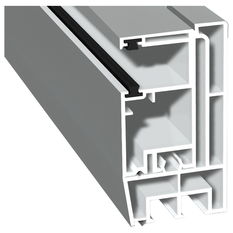 Adapterprofil 80x43mm Lg. 6,00m foliert, Revision außen <(>&<)> Rollladenführung 57x30mm Lg. 6,00m GK Weiß, mit zwei schwarzen Bürsten 70 0405-083 Sig Produktbild BIGPIC L