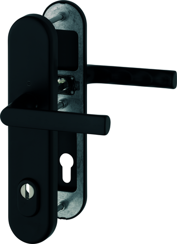 1700/3332ZA/3310 Garnitur (beids. Lochteile für HOPPE-Schnellstift) / ES1 / F9714M schwarz matt / 10 mm / Profilzylinder 92 mm / 67-72 mm / HOPPE-Logo Produktbild BIGPIC L