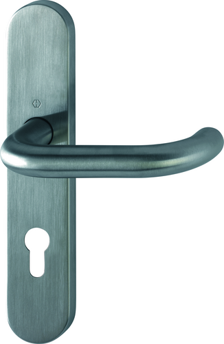 E138/353H Garnitur / F69 Edelstahl matt / fest/drehbar Kugelarretierung mit Rückholfeder / 8 mm / Profilzylinder 72 mm / 40-45 mm / HOPPE-Logo Produktbild BIGPIC L