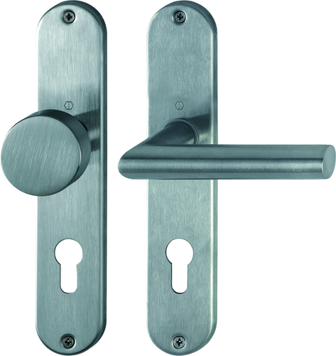 E58/302/1400Z Garnitur HOPPE-Schnellstift/F69 Edelstahl matt/8 mm/Profilzylinder 72mm/35-45 mm/HOPPE-Logo Produktbild BIGPIC L
