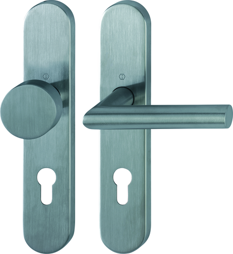 E58/353H/1400 Garnitur / F69 Edelstahl matt / außen=fest, innen=fest/drehbar Kugelarretierung mit Rückholfeder / 8 mm / Profilzylinder 72 mm / 40-45 m Produktbild BIGPIC L