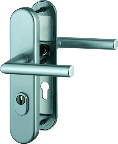 FS-1400F/3332ZA/3310 Garnitur / Profilvollstift / ES1 / F1 Alu natur / 9 mm / Profilzylinder 72 mm / 42-47 mm / HOPPE-Logo Produktbild BIGPIC L