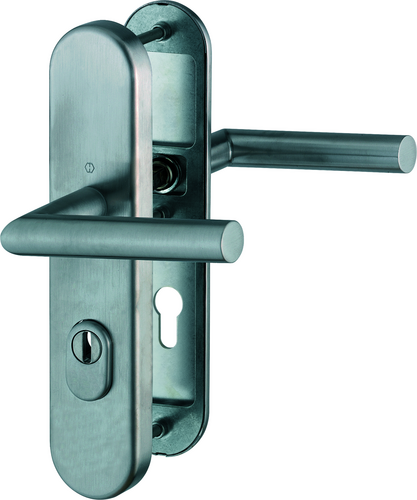 FS-E1400F/3332ZA/3310 Garnitur/Profilvollstift/ES1/F69 Edelstahl matt/9mm/Profilzylinder 72mm/42-47 mm/HOPPE-Logo Produktbild BIGPIC L