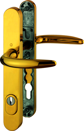 M1530/3359ZA/3357N Garnitur/ES1/F77-R Messingf.poliert - Resista®/8 mm/Profilzylinder 92mm/67-72 mm/HOPPE-Logo Produktbild BIGPIC L