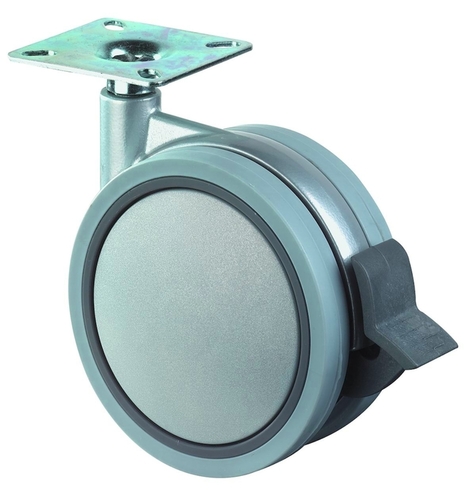 Kunststoffdoppelrolle mit Feststeller Rad-D. 60 mm Tragfähigkeit 35 kg   mit Anschraubplatte Kunststoff grau Produktbild BIGPIC L