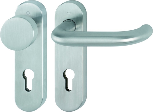 E58/353KH/138 Garnitur/F69-S Edelstahl matt - SecuSan (nur für Innenbereich geeignet)/8 mm/Profilzylinder 72mm/40-45 mm/HOPPE-Logo Produktbild BIGPIC L