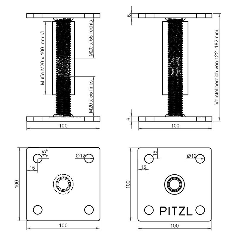 PITZL PTP Pfostenträger Rechts/Links-Gewinde 182mm M20 *10900.0000* Produktbild BIGSKZ L