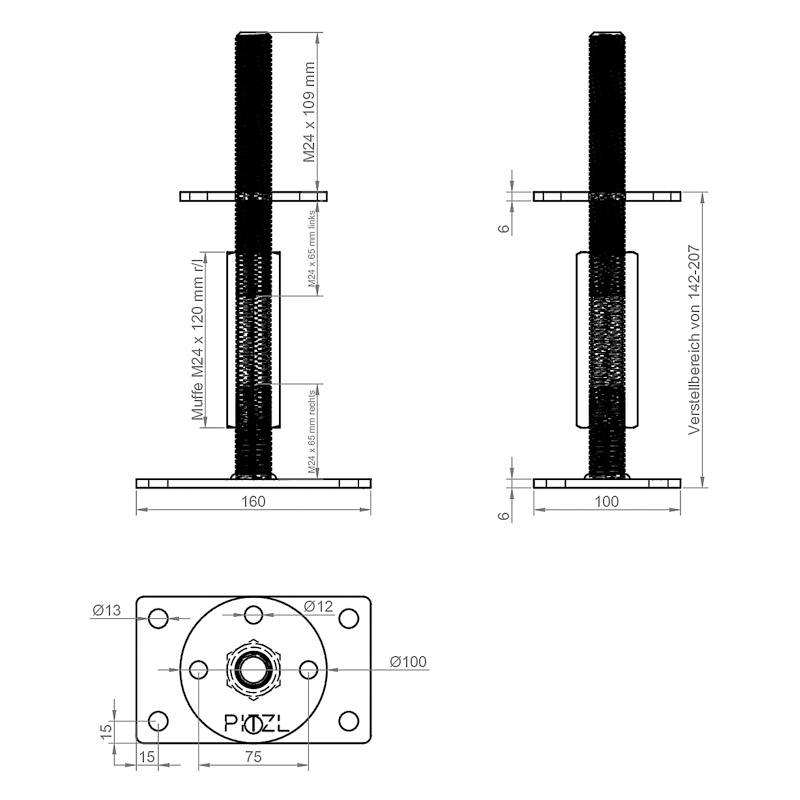 PITZL PTP Pfostenträger Rechts/Links-Gewinde 207mm M24 *10921.1000* Produktbild BIGSKZ L