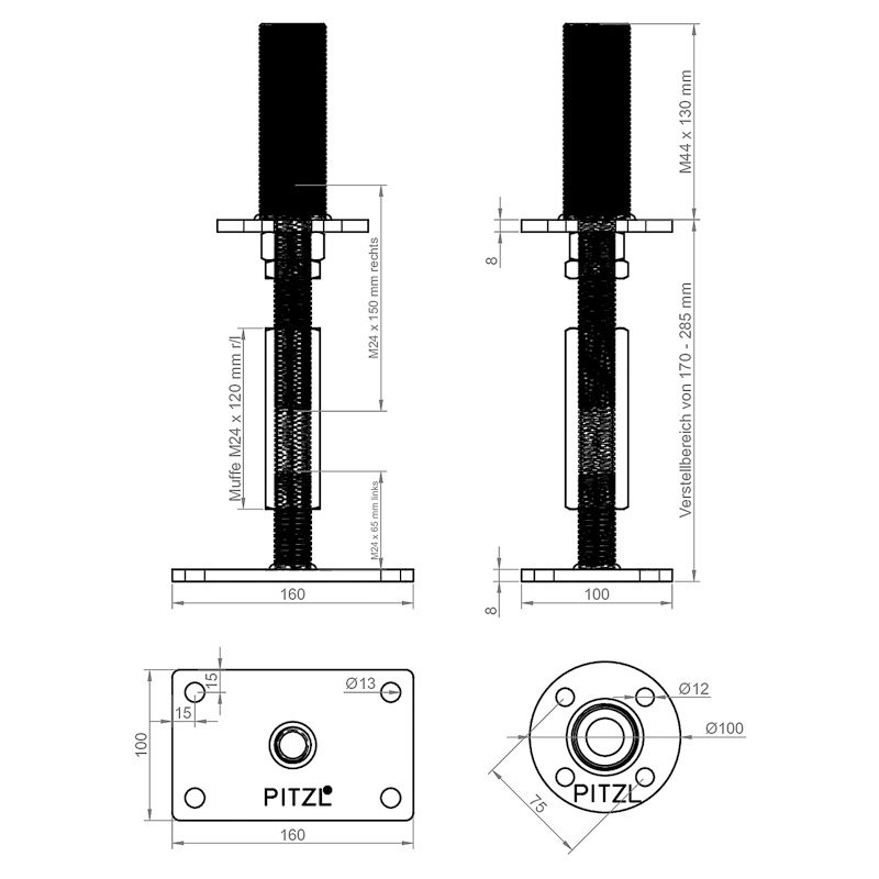 PITZL PTP Pfostenträger System 10930/10931 mit Gewinde 285mm M24 *10931.1000* Produktbild BIGSKZ L