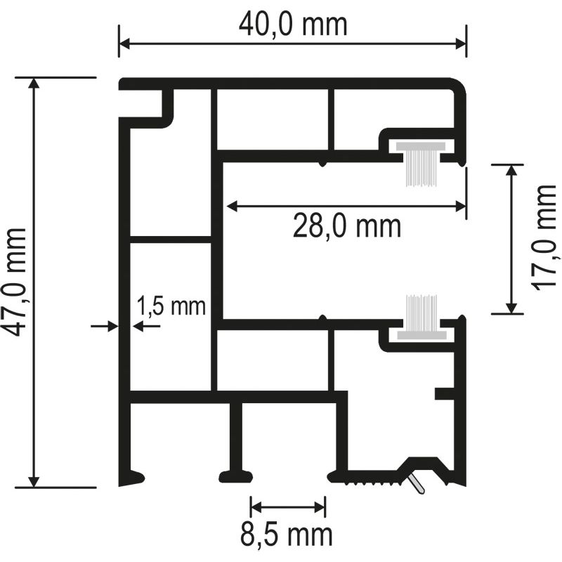 Rollladenführung 40x47mm Lg. 6,50m foliert, mit zwei schwarzen Bürsten GK Grau 70 1605-167 Anthrazitgrau 930/B2 KG 1605 Produktbild BIGSKZ L