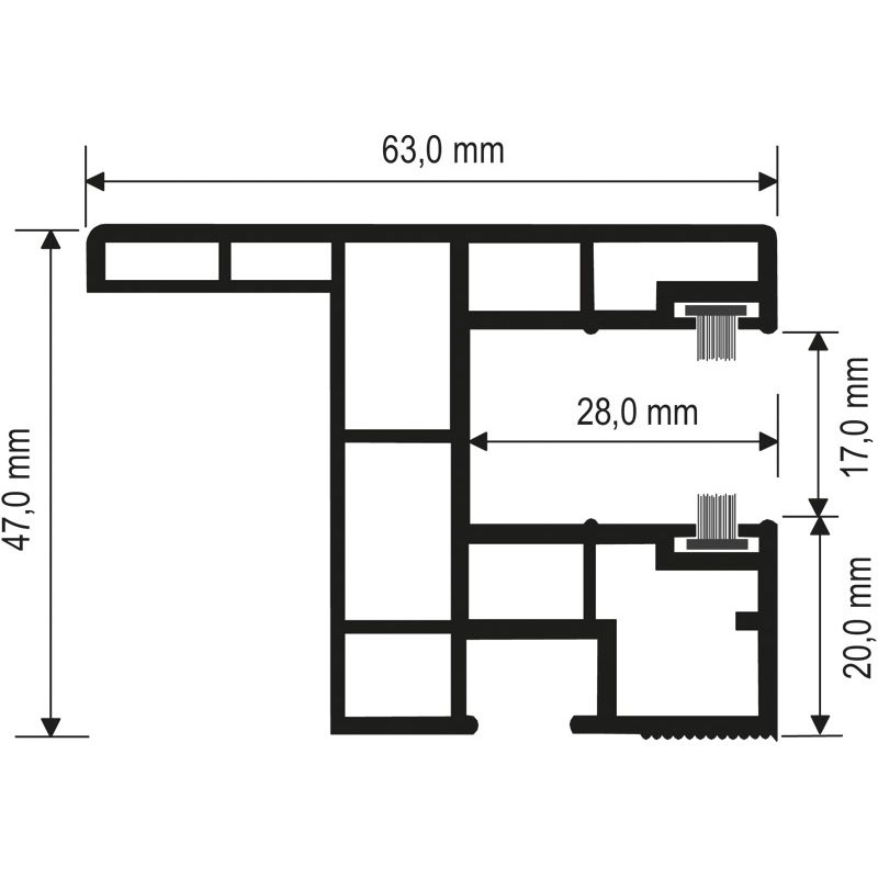 Rollladenführung 63x47mm Lg. 6,00m foliert, mit Nase, mit zwei schwarzen Bürsten GK Grau 70 1605-167 Anthrazitgrau Produktbild BIGSKZ L
