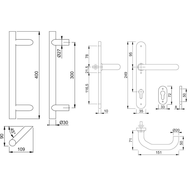 HOPPE Türgriffpaket E5012/55S-SR/3357SN/138GF mit schrägen Stützen Produktbild BIGSKZ L