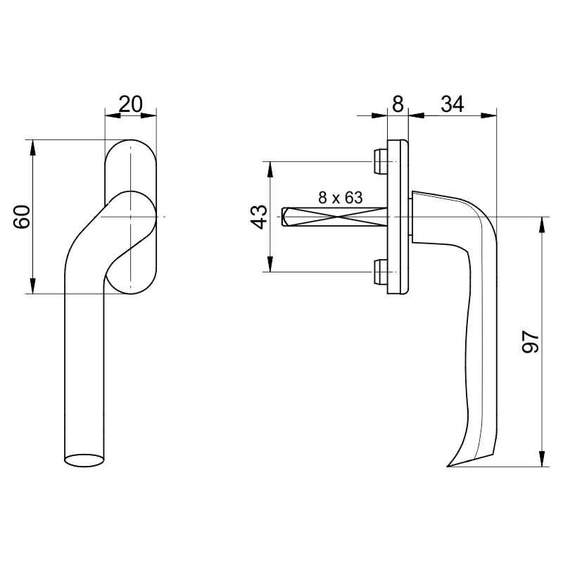 Fenstergriff FG1012V.AL F9016 weiß, Rosette 20x10 mm, mit 8x63 mm Vierkantstift, Nocken-Ø 10 mm gekröpft links Produktbild BIGSKZ L