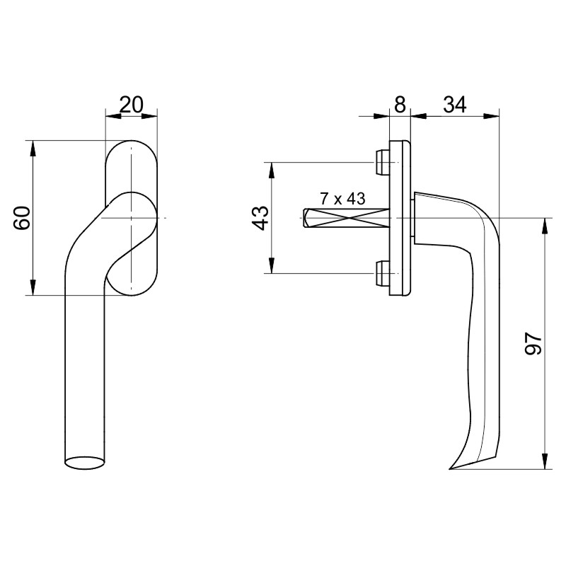 Fenstergriff FG1012V.AL F1, Rosette 20x10 mm, mit 7x43 mm Vierkantstift, Nocken-Ø 10 mm gekröpft rechts Produktbild BIGSKZ L