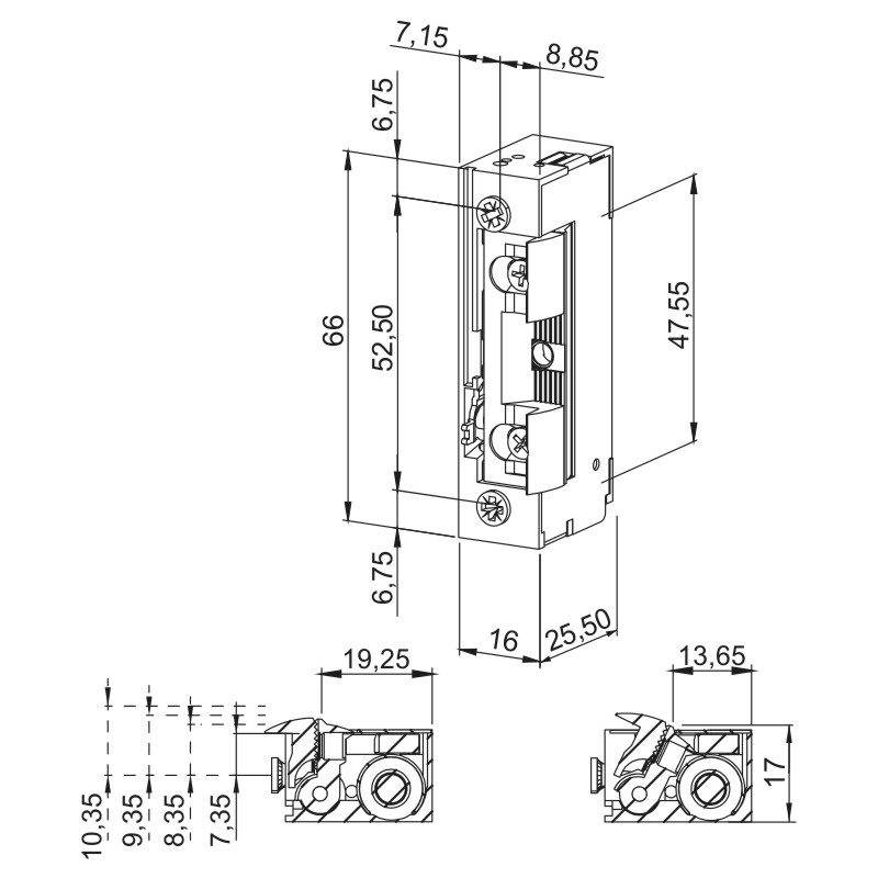 greenteQ Türöffner BQ-B-1 99-22 NDF U2 10-24VAC-DC, mit starker Feder, inklusive zwei M4x6 Befestigungschrauben Produktbild BIGSKZ L