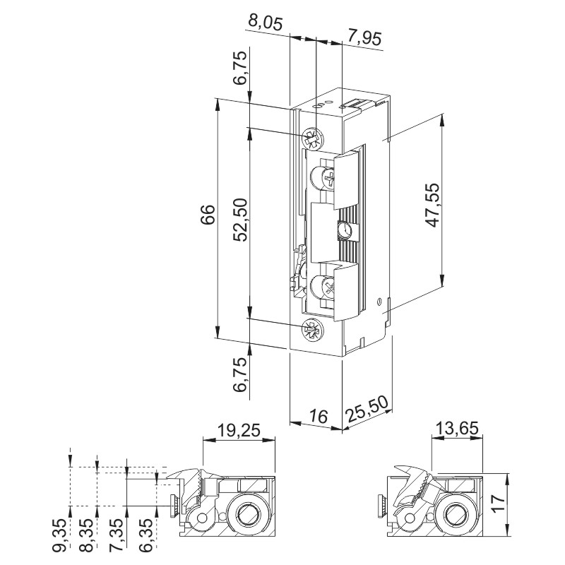greenteQ Türöffner BQ-D-1 99-11 NDF U4 10-24VAC-DC 43 Ohm, mit starker Feder, inklusive zwei M4x6 Befestigungschrauben Produktbild BIGSKZ L