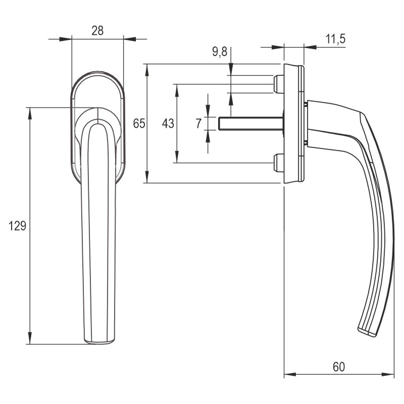 greenteQ Fenstergriff FG31.AL F9016 mit 43 mm Vierkantstift 7 mm, 45°, Nocken-Ø 10 mm, inkl. Schrauben M5x50 mm Produktbild BIGSKZ L
