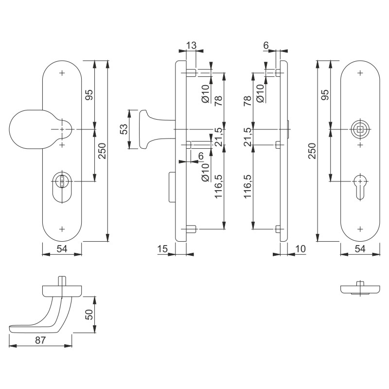 Hoppe Einbruchsschutz Haus- und Nebeneingangstür-Wechselgarnitur ohne Lochteil 86G/3332ZA/3310,Alu silberfarb. dunkel eloxiert F9,Schildbreite 54mm, L Produktbild BIGSKZ L