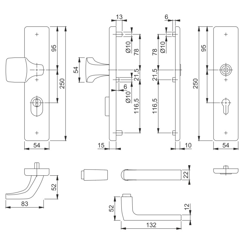 Hoppe Einbruchschutz Haus- und Nebeneingangstüre-Wechselgarnitur Dallas 61G/2222ZA//2210/1643, Aluminium F1 silberfarbig eloxiert, Schildbreite 54 mm, Produktbild BIGSKZ L