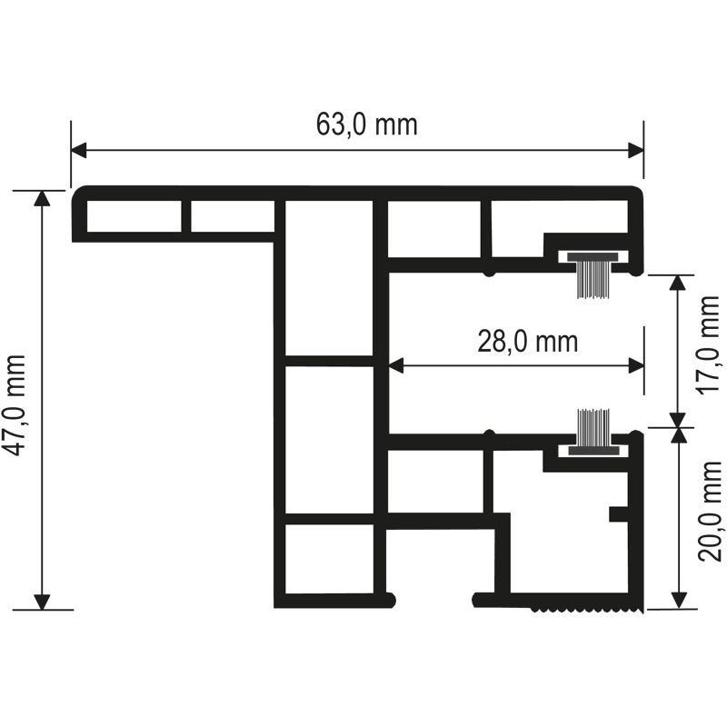 Rollladenführung 63x47mm Lg. 6,00m Weiß, mit Nase, mit zwei schwarzen BürstenVE: 36m Produktbild BIGSKZ L