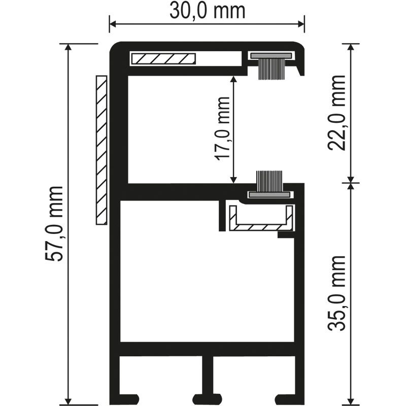Rollladenführung 30x57mm Lg. 6,00m Weiß, mit zwei grauen Bürsten, VE: 60m Produktbild BIGSKZ L