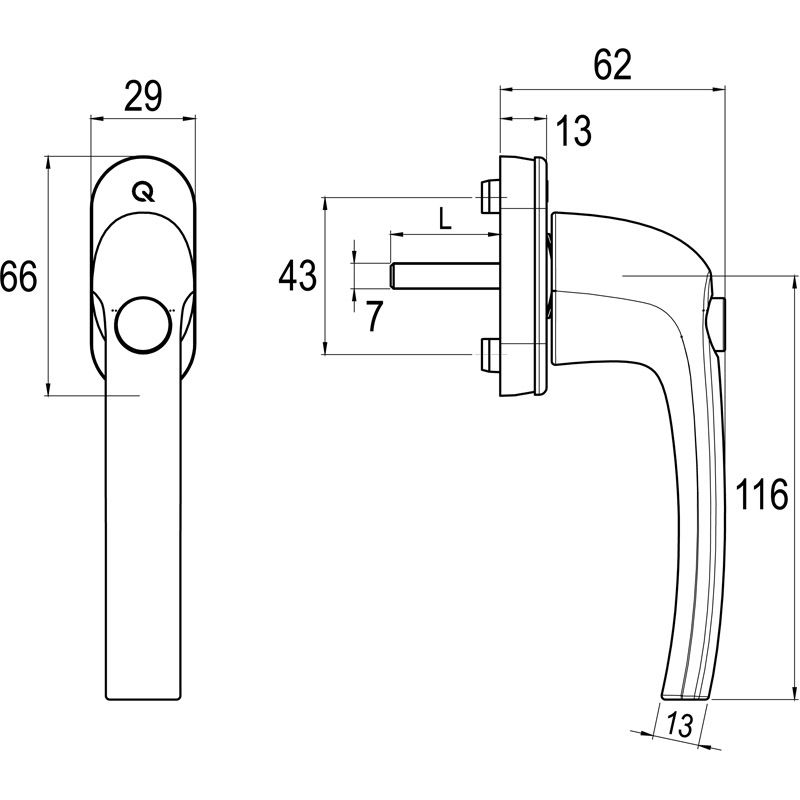 greenteQ Fenstergriff FG10.45°.DK.AL mit Druckknopf - inkl. Schrauben Produktbild BIGSKZ L