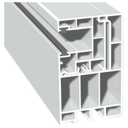 Adapterprofil 55x90mm Lg. 6,5m Revision außen <(>&<)> Rollladenführung 40x47mm Lg. 6,00mWeiß, mit zwei grauen Bürsten , VE: 19,5 m Produktbild