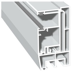 Adapterprofil 80x43mm Lg. 6,00m Revision außen <(>&<)> Rollladenführung 57x30mm Lg. 6,00m Weiß, mit zwei grauen Bürsten , VE: 30m Produktbild