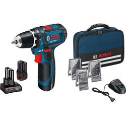 Bosch Akku-Bohrschr. GSR 12V-15 in Tasche + 1x GBA 12V 2,0Ah, 1x GBA 12V 4,0Ah, GAL 12V-40, 39 tlg Zubehör-Set Produktbild