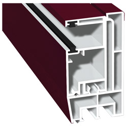 Adapterprofil 80x43mm Lg. 6,00m foliert, Revision außen <(>&<)> Rollladenführung 57x30mm Lg. 6,00m GK Weiß, mit zwei schwarzen Bürsten 300505-167 Wein Produktbild
