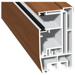Adapterprofil 80x43mm Lg. 6,00m foliert, Revision außen <(>&<)> Rollladenführung 57x30mm Lg. 6,00m GK Braun, mit zwei schwarzen Bürsten 436 3041 Noce Produktbild