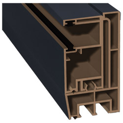 Adapterprofil 80x43mm Lg. 6,00m foliert, Revision außen <(>&<)> Rollladenführung 57x30mm Lg. 6,00m GK Braun, mit zwei schwarzen Bürsten 70 1605-097 An Produktbild