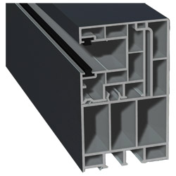 Adapterprofil 55x90mm Lg. 6,50m foliert, Revision außen <(>&<)> Rollladenführung 40x47mm Lg. 6,50m mit zwei schwarzen Bürsten GK Grau 70 1605-167 Anth Produktbild