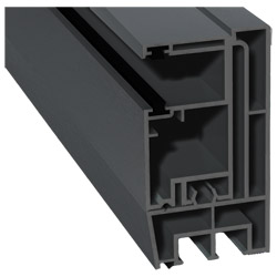 Adapterprofil 80x43mm Lg. 6,00m foliert, Revision außen <(>&<)> Rollladenführung 57x30mm Lg. 6,00m GK Grau, mit zwei schwarzen Bürsten 70 1205-167 Bas Produktbild