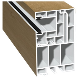Adapterprofil 55x90mm Lg. 6,50m foliert, Revision außen <(>&<)> Rollladenführung 40x47mm Lg. 6,50m mit zwei schwarzen Bürsten GK Braun 321 1005-148 Ir Produktbild