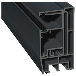 Adapterprofil 80x43mm Lg. 6,00m foliert, Revision außen <(>&<)> Mini-Rollladenführung 57x30mm Lg. 6,00m GK Grau, mit zwei schwarzen Weichlippen 70 160 Produktbild