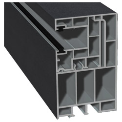 Adapterprofil 55x90mm Lg. 6,50m foliert, Revision außen <(>&<)> Rollladenführung 40x47mm Lg. 6,50m mit zwei schwarzen Bürsten GK Grau 436 1012 Alux An Produktbild