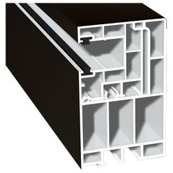 Adapterprofil 55x90mm Lg. 6,50m foliert, Revision außen <(>&<)> Rollladenführung 40x47mm Lg. 6,50m mit zwei schwarzen Bürsten GK Braun 85 1805-167 Sch Produktbild