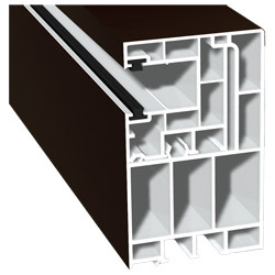Adapterprofil 55x90mm Lg. 6,50m foliert, Revision außen <(>&<)> Rollladenführung 40x47mm Lg. 6,50m mit zwei schwarzen Bürsten GK Braun 88 7505-167 Sch Produktbild