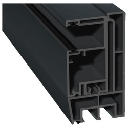 Adapterprofil 80x43mm Lg. 6,00m foliert, Revision außen <(>&<)> Maxi-Rollladenführung 57x30mm Lg. 6,00m GK Grau, mit zwei schwarzen Weichlippen 70 160 Produktbild