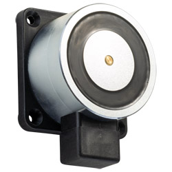 Türhaftmagnet in runder Bauform mit verdeckten Anschlussklemmen. Mit Verpolschutz und Löschdiode. Passend zur Ankerplatte ASS 75. Produktbild