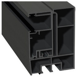 Adapterprofil 80x55,5mm Lg. 6,00m foliert, Revision außen <(>&<)> Rollladenführung 57x30mm Lg. 6,00m GK Grau, mit zwei schwarzen Bürsten 436 1014 Alux Produktbild