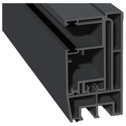 Adapterprofil 80x43mm Lg. 6,00m foliert, Revision außen <(>&<)> Rollladenführung 57x30mm Lg. 6,00m GK Grau, mit zwei schwarzen Bürsten 436 5050 Schief Produktbild