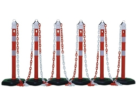 Sperrpfostenset PP rot/weiß mit Sechskantfuß   D63xH1000mm 6 Pfosten und 5 Ketten Produktbild