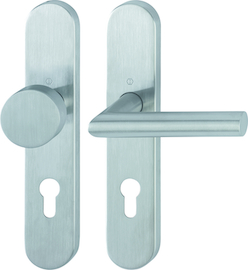 E58/353H/1400 Garnitur / F69 Edelstahl matt / außen=fest, innen=fest/drehbar Kugelarretierung mit Rückholfeder / 8 mm / Profilzylinder 72 mm / 40-45 m Produktbild